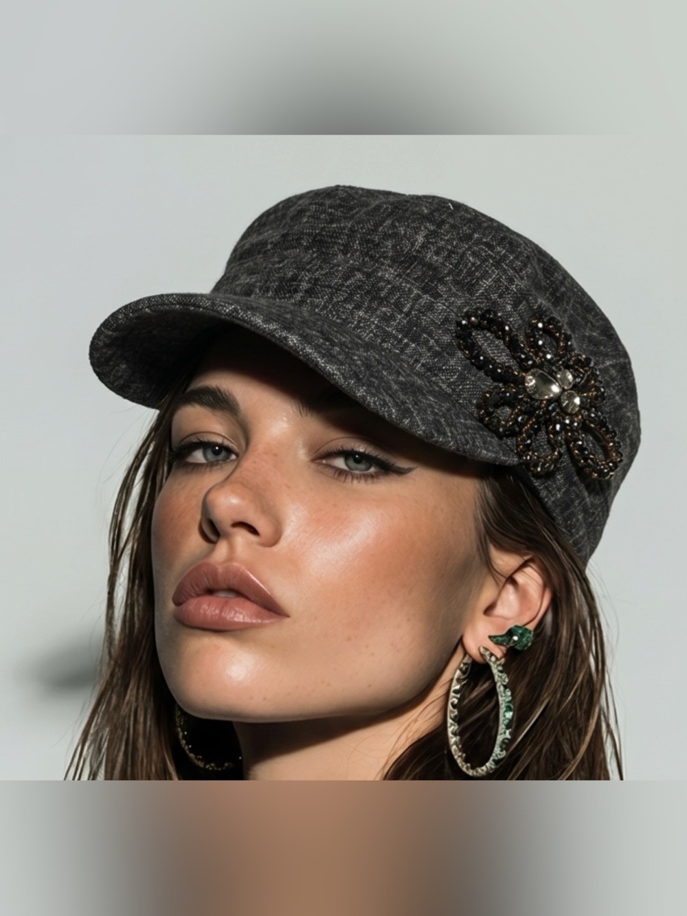 Source Unknown Charcoal Tweed Cap with Beaded Floral Accent